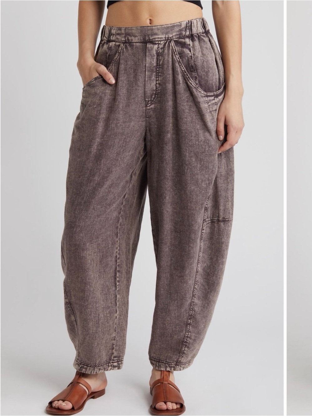 Free People High Road Pull On Linen Blend Barrel Pants XS Walnut Elastic Waist